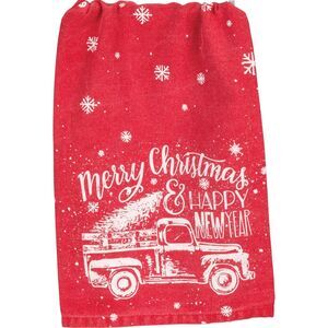 Red Truck Snowflakes Merry Christmas Happy New Year Holiday Kitchen Dish Towel